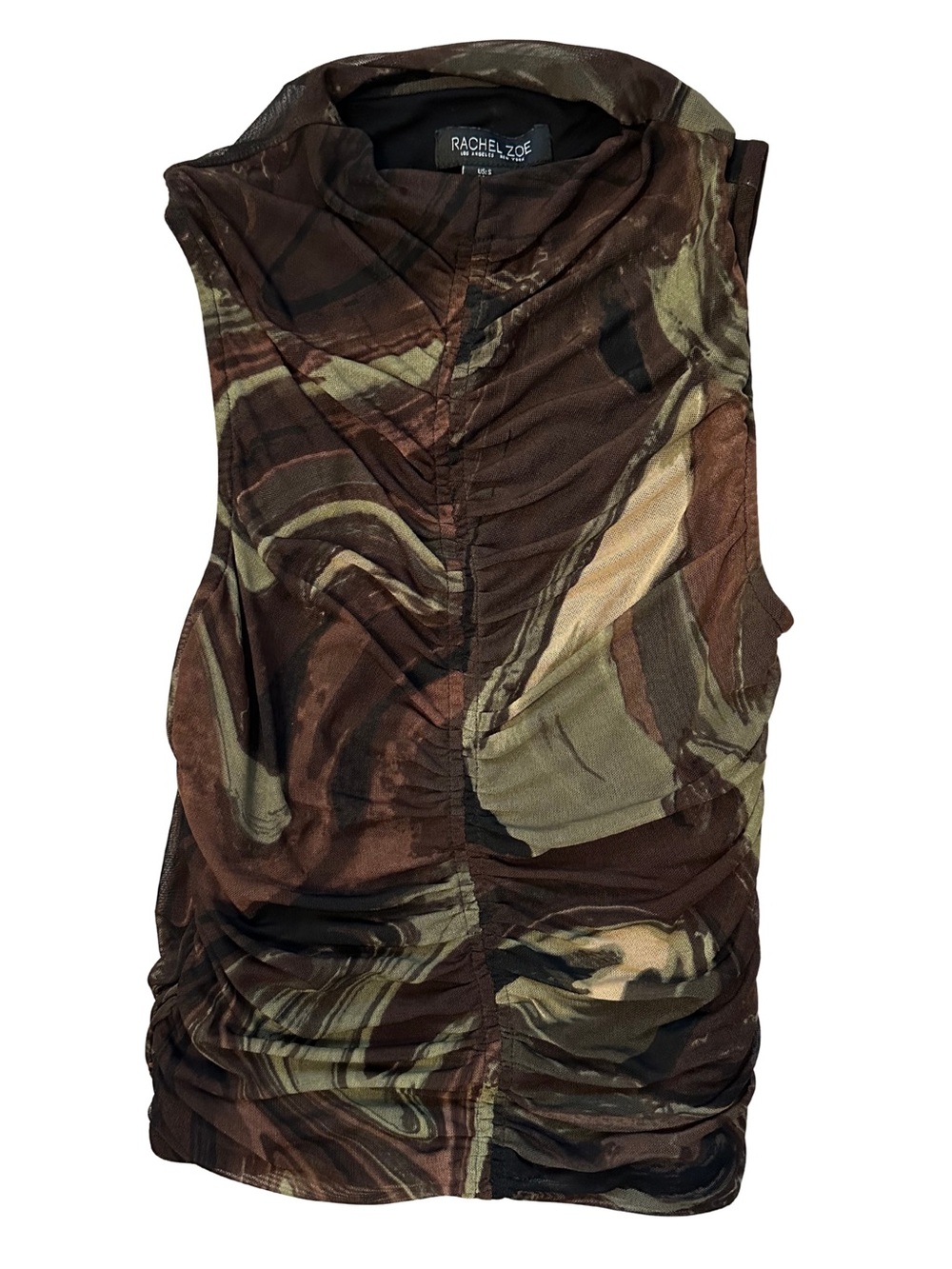 Rachel Zoe Brown and Tan Ruched Sleeveless Print Tank